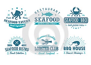 Set of vintage seafood, barbecue, grill logo templates, badges and design elements.