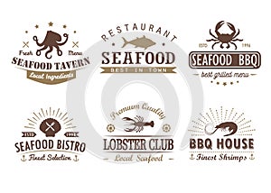 Set of vintage seafood, barbecue, logo templates