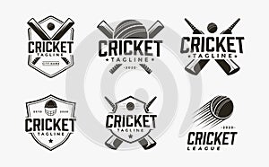 Set of Vintage seal badge Cricket sport logo with lacrosse equipment vector icon