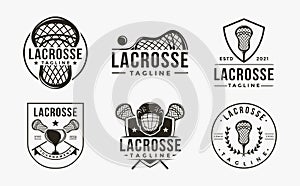 Set of Vintage seal badge lacrosse sport logo with lacrosse equipment vector icon