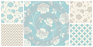 Set of vintage seamless floral and geometric patterns. Vector illustration.