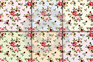 Set of vintage seamless patterns with roses. Vector eps-10.