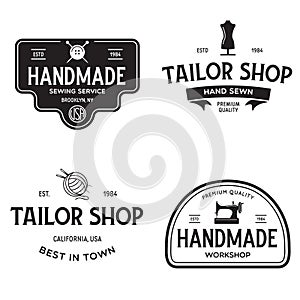 Set of vintage sewing and tailor labels, badges, design elements and emblems. Tailor shop old-style logo