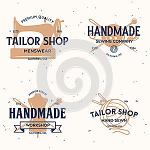 Set of vintage sewing and tailor labels, badges, design elements and emblems. Tailor shop old-style logo