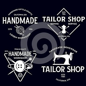 Set of vintage sewing and tailor labels, badges, design elements and emblems. Tailor shop old-style logo