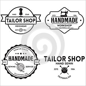 Set of vintage sewing and tailor labels, badges, design elements and emblems. Tailor shop old-style logo