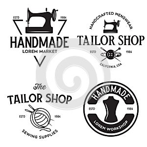 Set of vintage sewing and tailor labels, badges, design elements and emblems. Tailor shop old-style logo