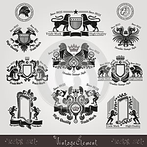 set vintage silhouette heraldic labels with pattern and animals