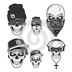 Set of vintage skull rap elements emblems, labels, badges, logos and design elements. Monochrome style.