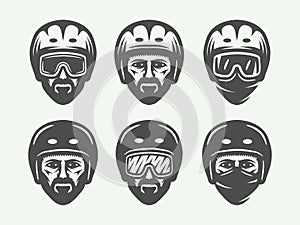 Set of vintage snowboarding, ski or winter head logos, badges