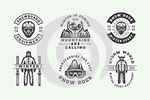 Set of vintage snowboarding, ski or winter sports logos, badges