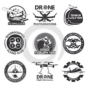 Set of vintage space, drone , aeronautics flight emblems, labels, badges