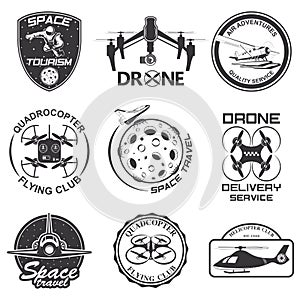 Set of vintage space, drone , aeronautics flight emblems, labels, badges