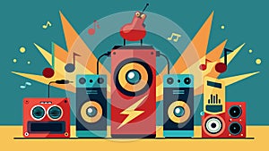 A set of vintage speakers blast out classic rock tunes catching the attention of nearby collectors. Vector illustration. photo