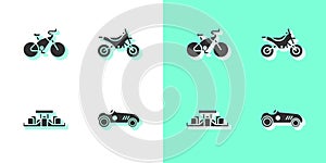 Set Vintage sport racing car, Bicycle, Formula 1 and Mountain bike icon. Vector