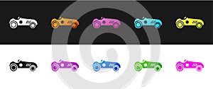 Set Vintage sport racing car icon isolated on black and white background. Vector