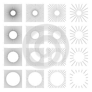 Set of Vintage Square Sunbursts in Different Shapes. Trendy Hand Drawn Retro Bursting Rays Design Element. Hipster Vector