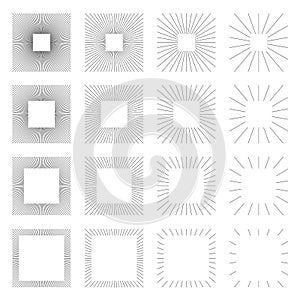 Set of Vintage Square Sunbursts in Different Shapes. Trendy Hand Drawn Retro Bursting Rays Design Element. Hipster Vector