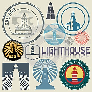 Set Vintage Stamps or Symbols with Lighthouses