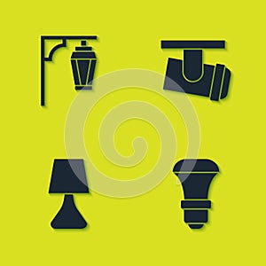 Set Vintage street light, LED bulb, Table lamp and Led track lights and lamps icon. Vector
