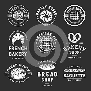 Set of vintage style bakery shop labels, badges, emblems and logo. White graphic art with engraved design elements.