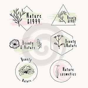 Set of vintage style elements for labels and badges for organic nature cosmetics.