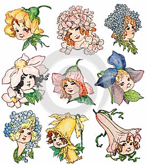 Set of vintage style flower fairy illustrations