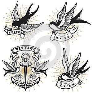 Set of vintage style tattoo with swallow birds, anchor isolated on white background.