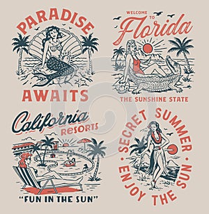 Set of vintage summer paradise vacation graphics for posters t-shirts and stickers