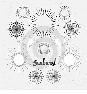 Set Of Vintage Sunbursts. Hand-Drawn Vector Hipster Design Elements.