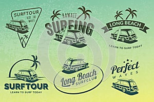 Set of vintage surfing car labels, badges and emblems.