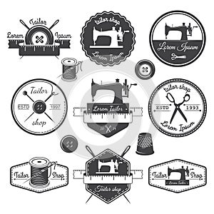 Set of vintage tailor labels, emblems and designed elements. Tailor shop theme