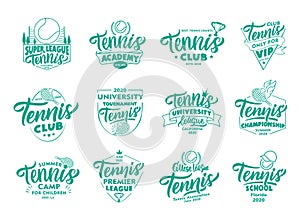 Set of vintage Tennis emblems and stamps. Badges, templates and stickers for club, school on white background