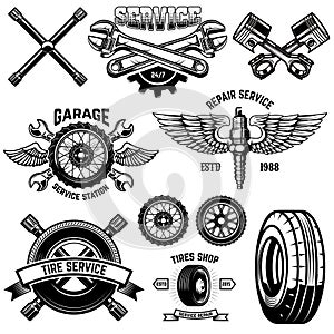 Set of vintage tire service emblems and design elements. For logo, label, emblem, sign, poster, banner,t shirt