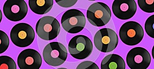 Set with vintage vinyl records on purple background, top view. Banner design