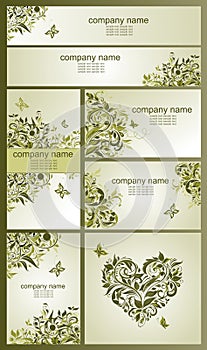 Set of vintage visiting cards and banners with floral olive design