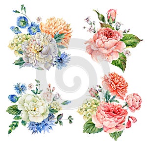 Set of vintage watercolor roses and peonies