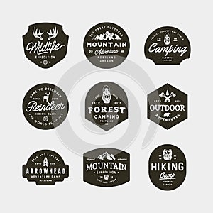 Set of vintage wilderness logos. hand drawn retro styled outdoor adventure emblems. vector illustration