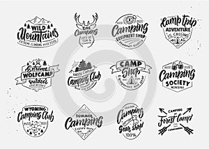 Set of vintage Wolfcamp and Camping emblems and stamps. Camp shop, outdoor badges, templates