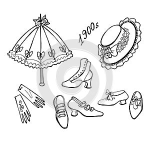 Set of vintage women`s fashion accessories. Bonnet hat, umbrella, shoe. Vector hand drawn illustration, retro engraving