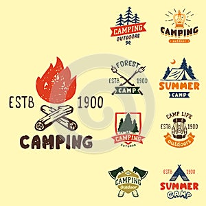 Set of vintage woods camp badges and travel logo hand drawn emblems nature mountain camp outdoor vector illustration.