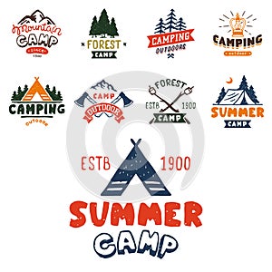 Set of vintage woods camp badges and travel logo hand drawn emblems nature mountain camp outdoor vector illustration.