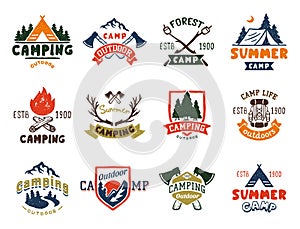 Set of vintage woods camp badges and travel logo hand drawn emblems nature mountain camp outdoor vector illustration.