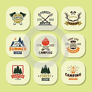 Set of vintage woods camp badges and travel logo hand drawn emblems nature mountain camp outdoor vector illustration.