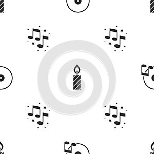 Set Vinyl disk, Birthday cake candles and Music note, tone on seamless pattern. Vector