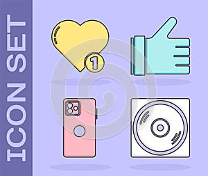 Set Vinyl disk, Like and heart, Smartphone, mobile phone and Hand like icon. Vector.