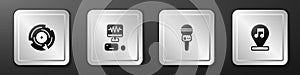 Set Vinyl disk, Music recording studio, Microphone and note, tone icon. Silver square button. Vector