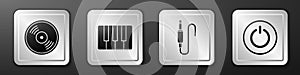 Set Vinyl disk, Music synthesizer, Audio jack and Power button icon. Silver square button. Vector