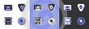 Set Vinyl disk, Retro audio cassette tape, Piano and Guitar pick icon. Vector