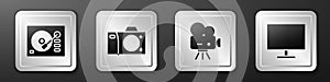 Set Vinyl player, Photo camera, Retro cinema camera and Computer monitor screen icon. Silver square button. Vector